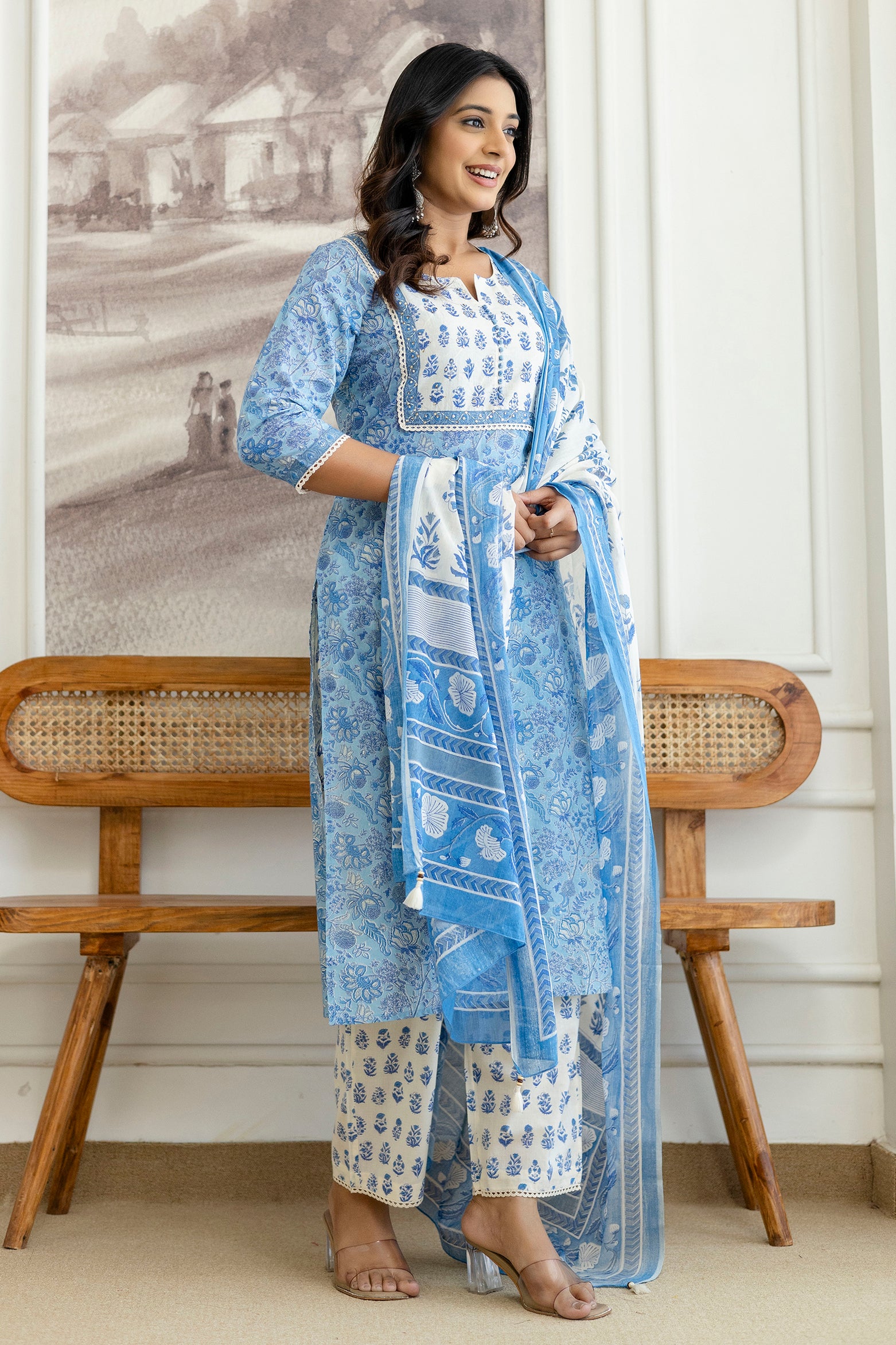 Sky Blue Floral Printed Cotton Kurta Set