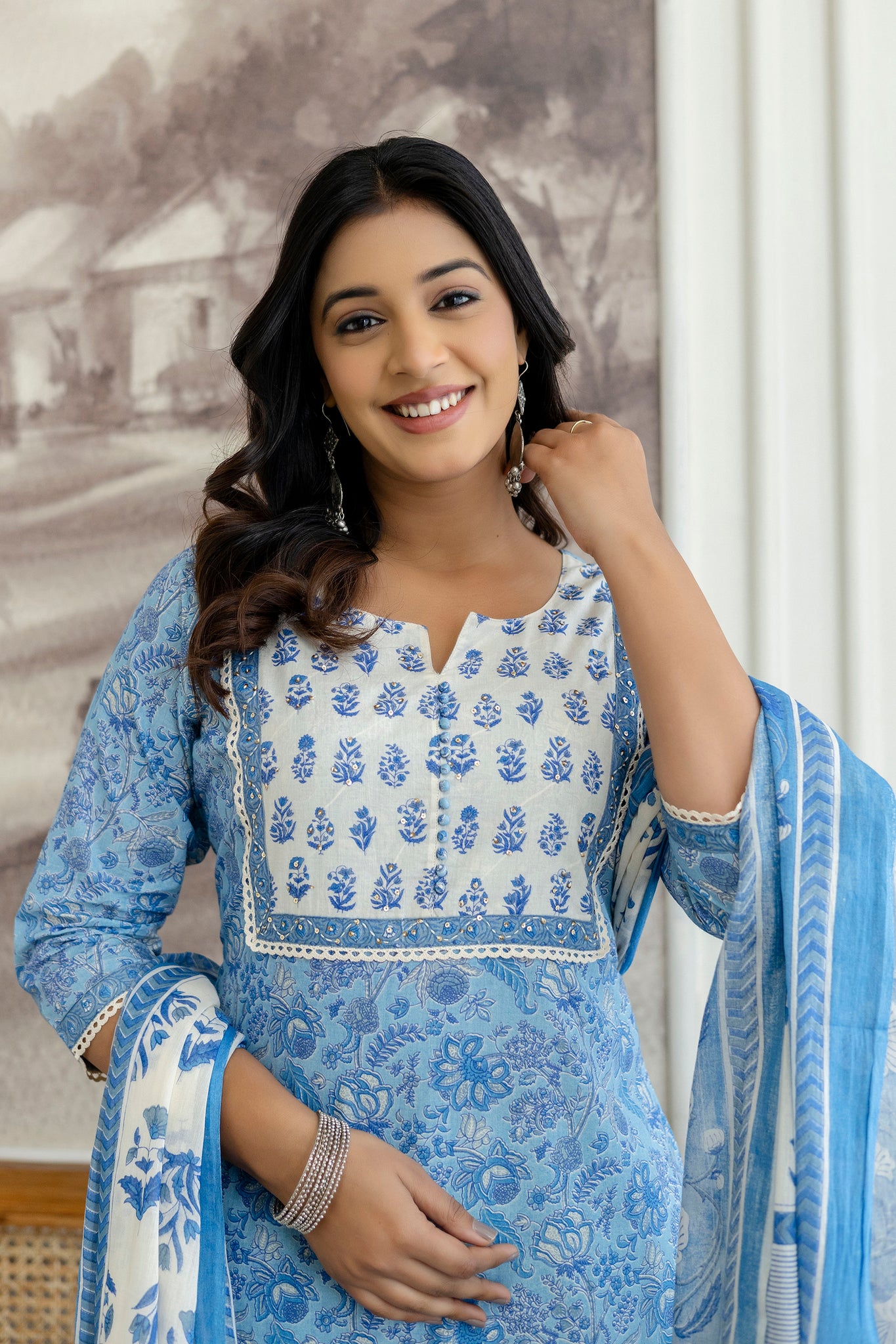 Sky Blue Floral Printed Cotton Kurta Set