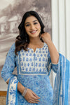 Sky Blue Floral Printed Cotton Kurta Set