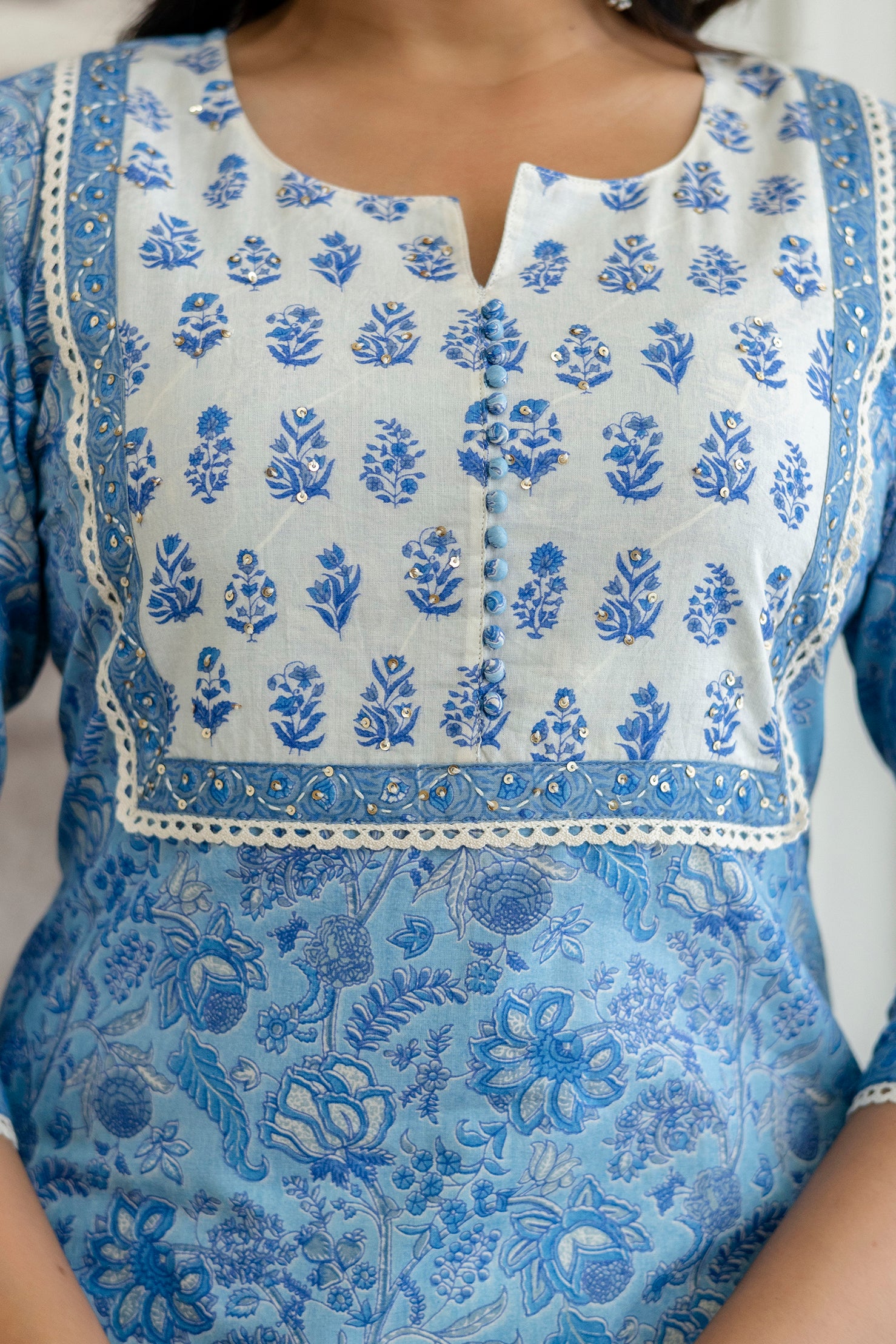 Sky Blue Floral Printed Cotton Kurta Set
