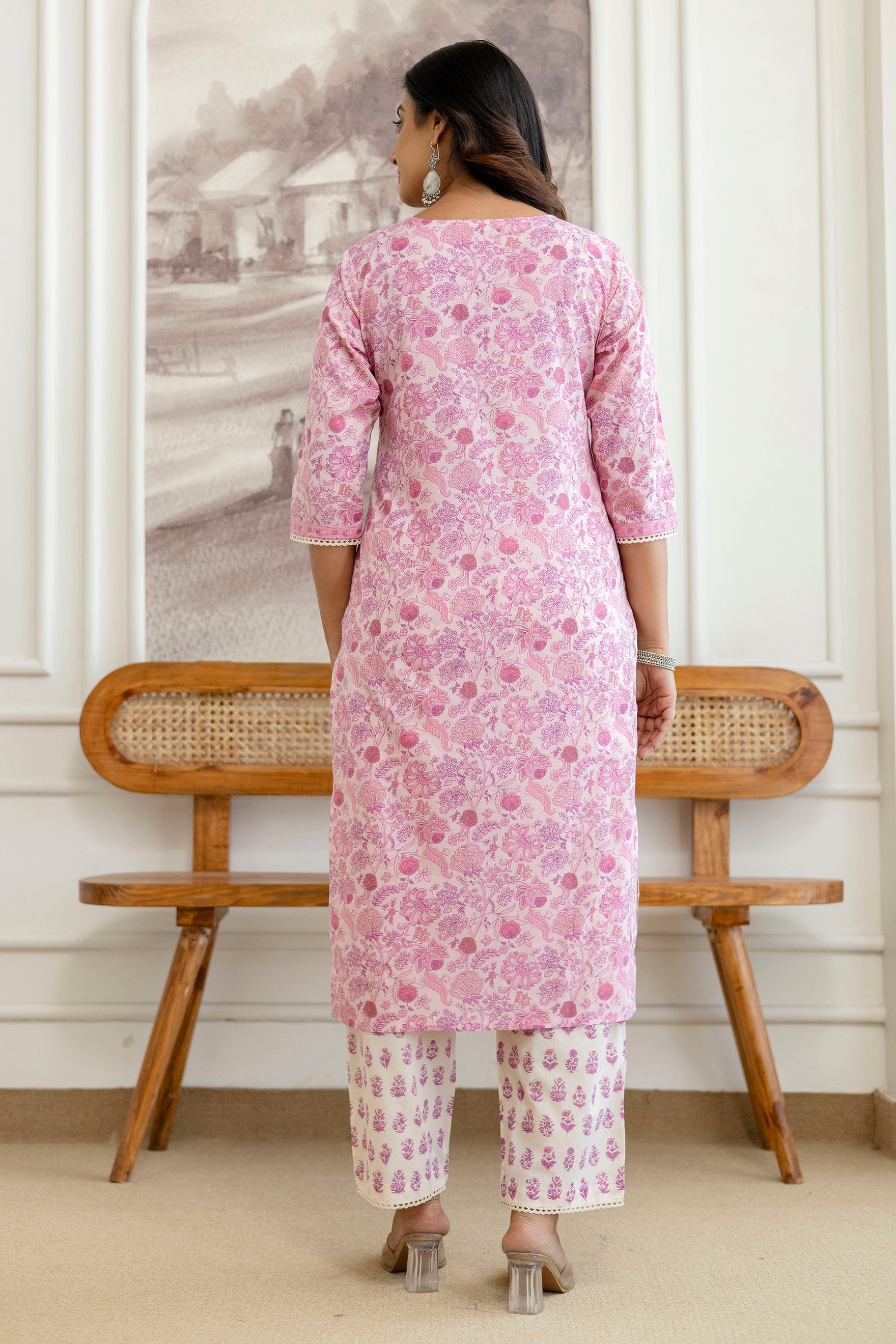 Pink Floral Printed Cotton Kurta Set