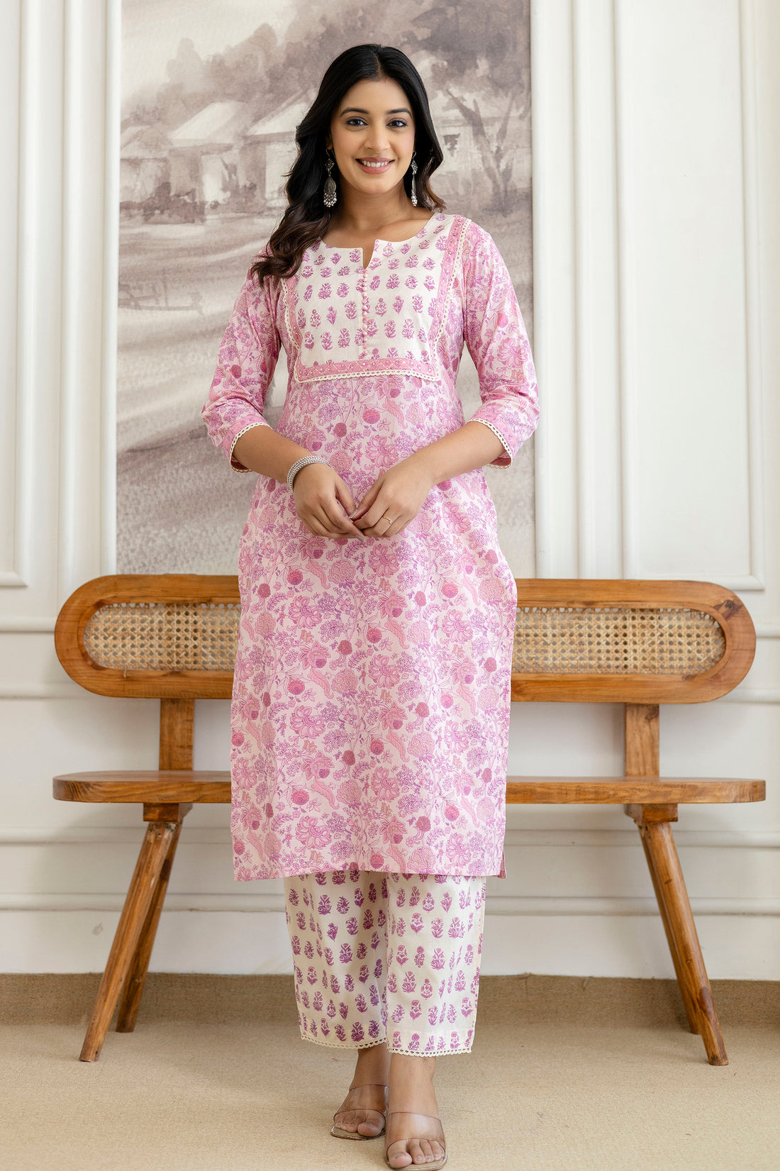 Pink Floral Printed Cotton Kurta Set