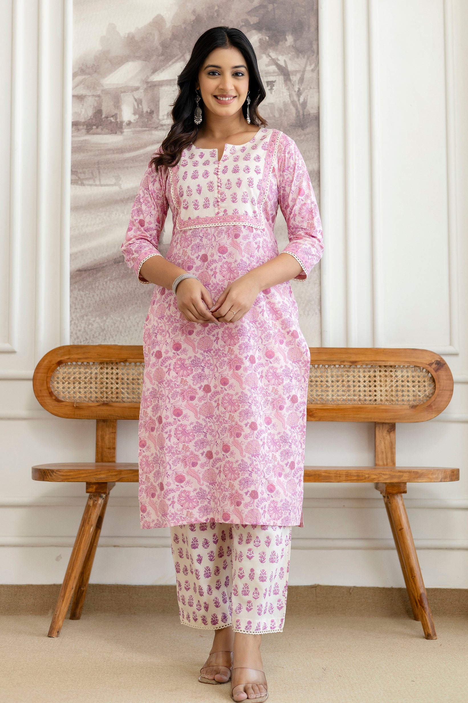 Pink Floral Printed Cotton Kurta Set