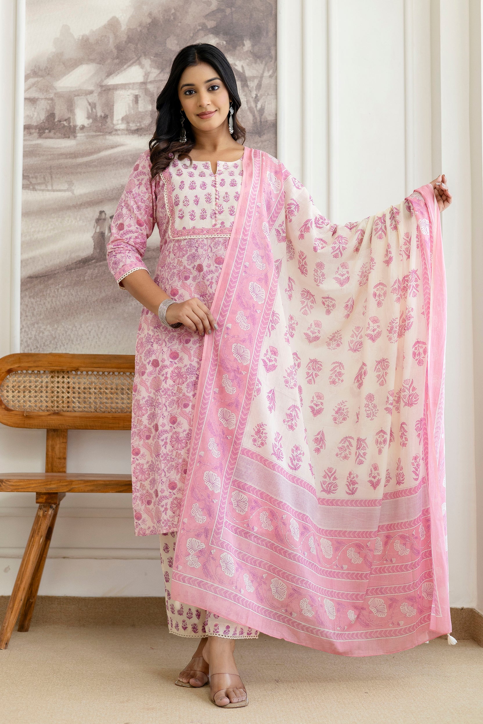Pink Floral Printed Cotton Kurta Set