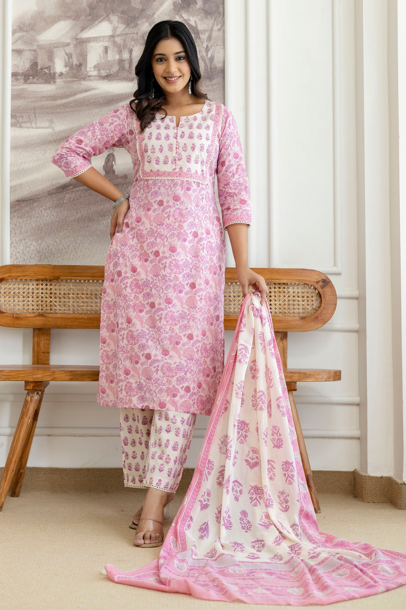 Pink Floral Printed Cotton Kurta Set