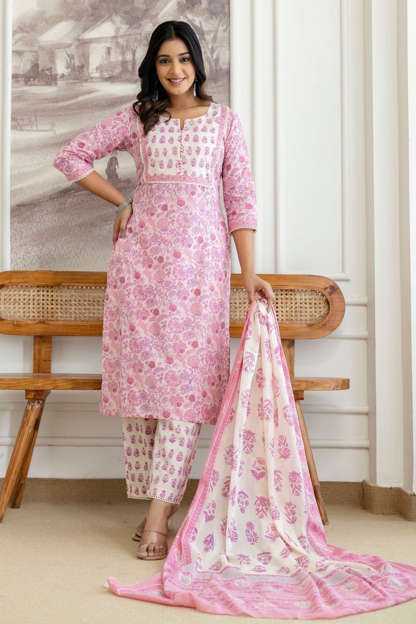 Pink Floral Printed Cotton Kurta Set