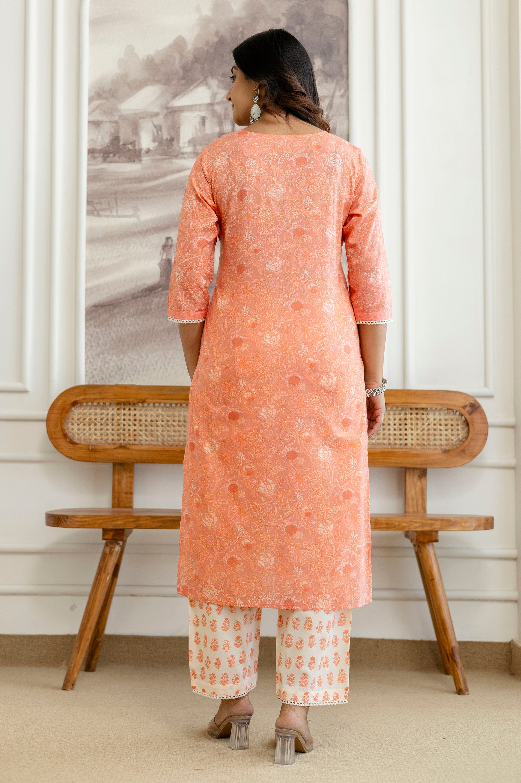 Peach Floral Printed Cotton Kurta Set