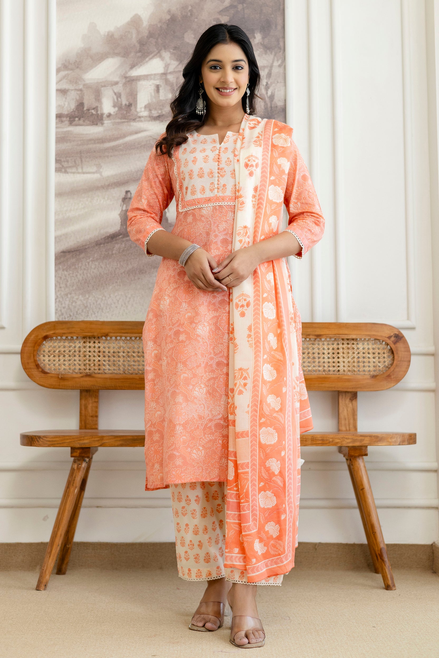 Peach Floral Printed Cotton Kurta Set