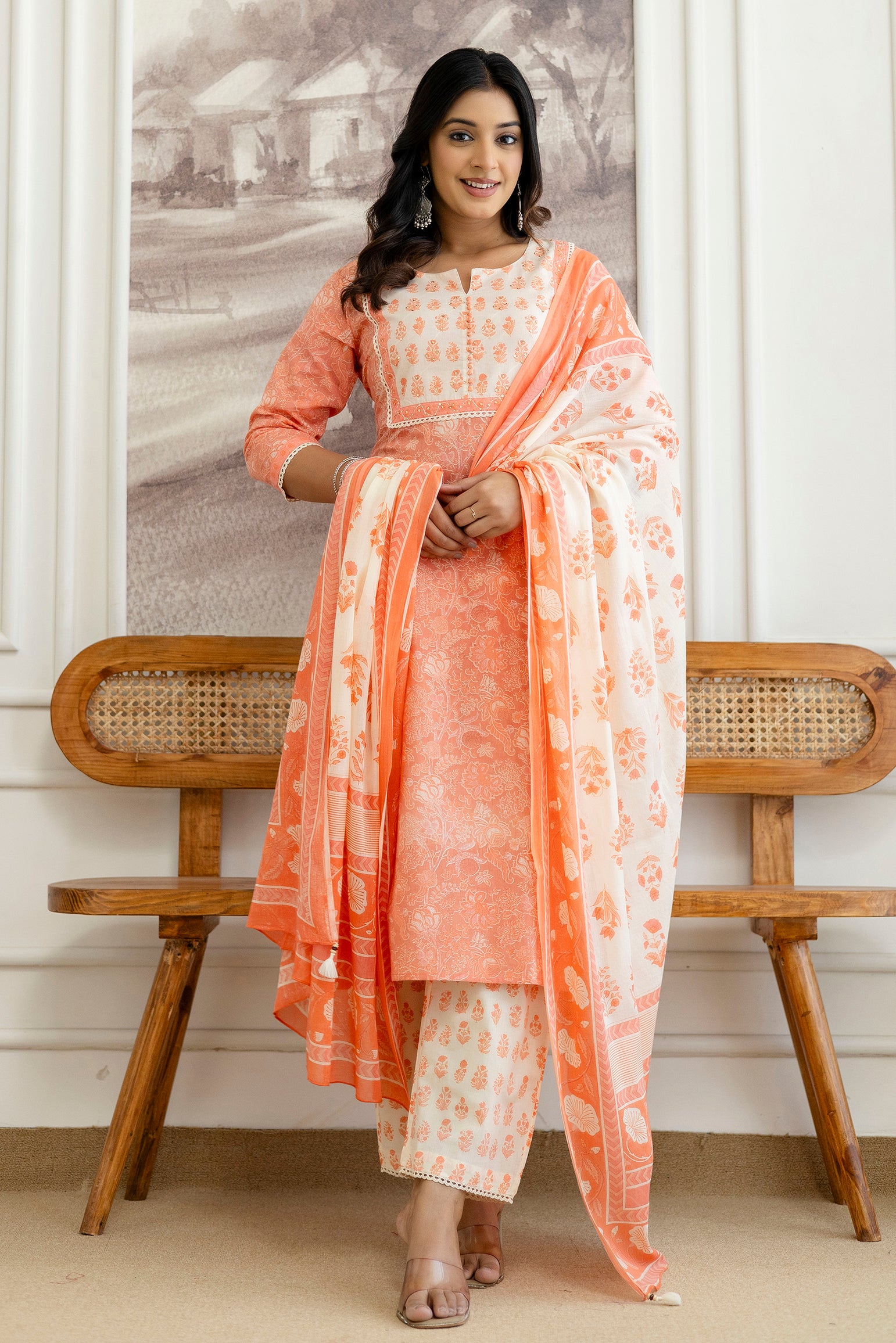 Peach Floral Printed Cotton Kurta Set