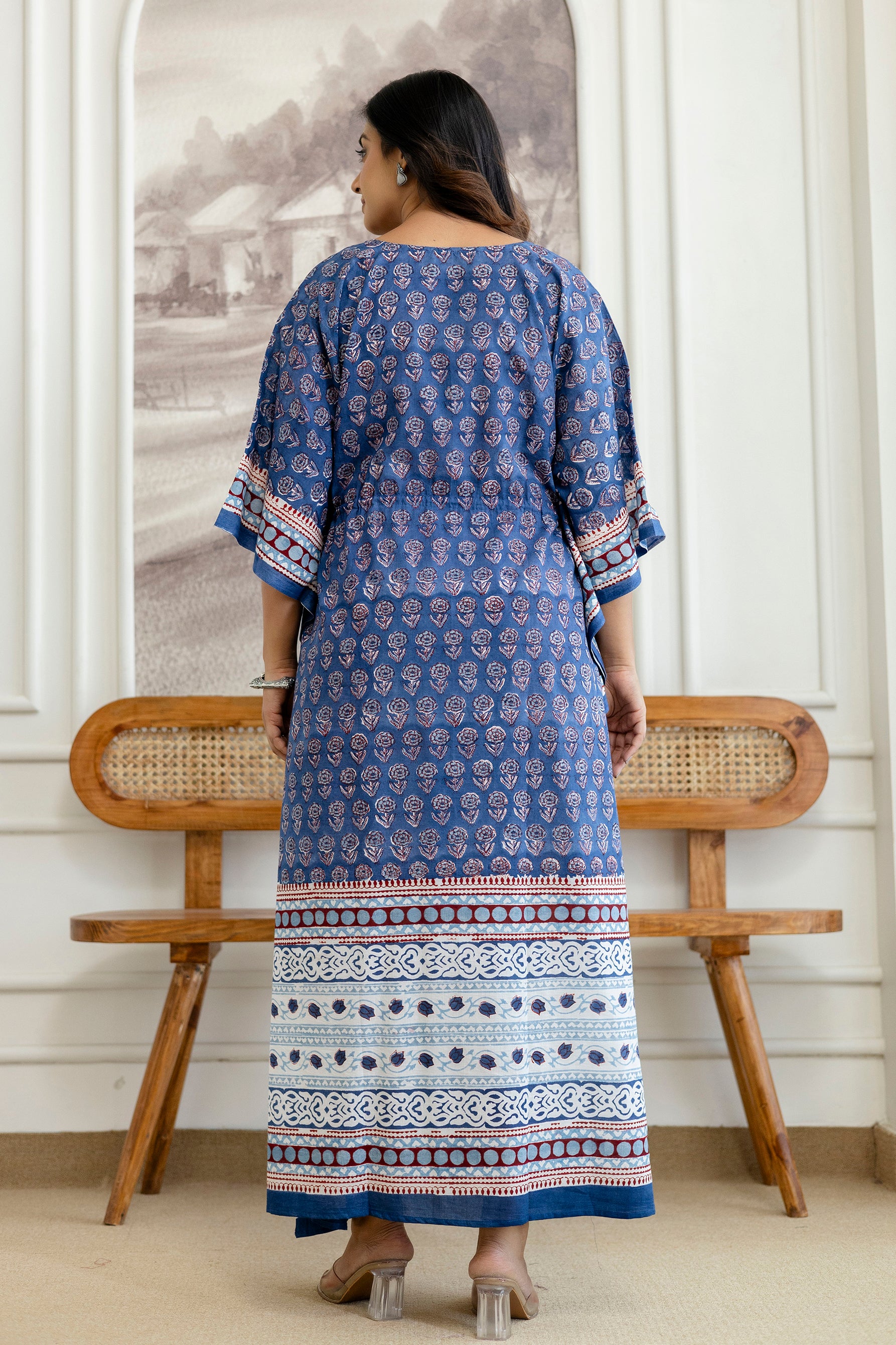 Indigo Floral Printed Cotton Kaftan Dress with Adjustable Drawstring