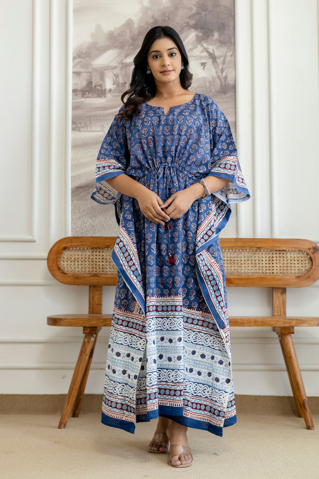 Indigo Floral Printed Cotton Kaftan Dress with Adjustable Drawstring