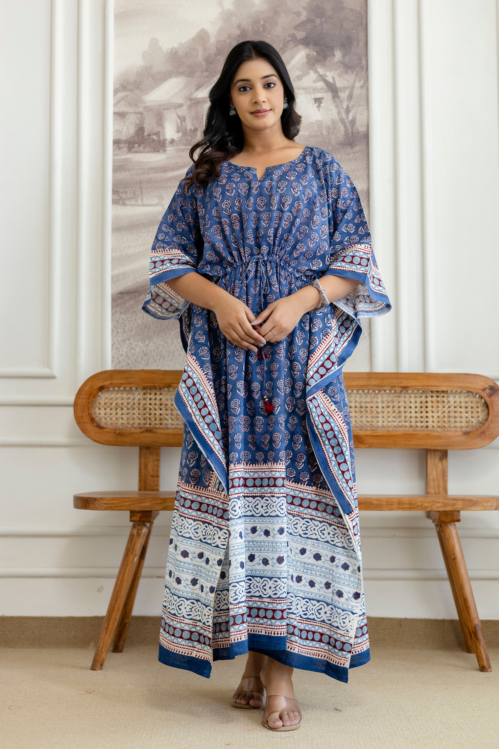 Indigo Floral Printed Cotton Kaftan Dress with Adjustable Drawstring
