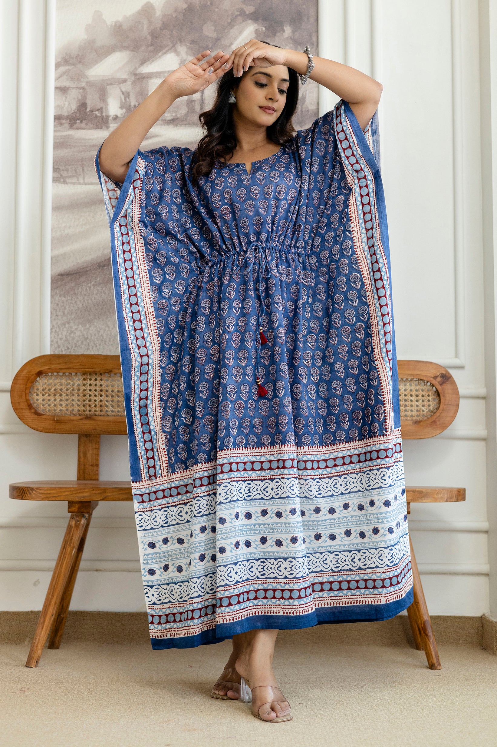 Indigo Floral Printed Cotton Kaftan Dress with Adjustable Drawstring