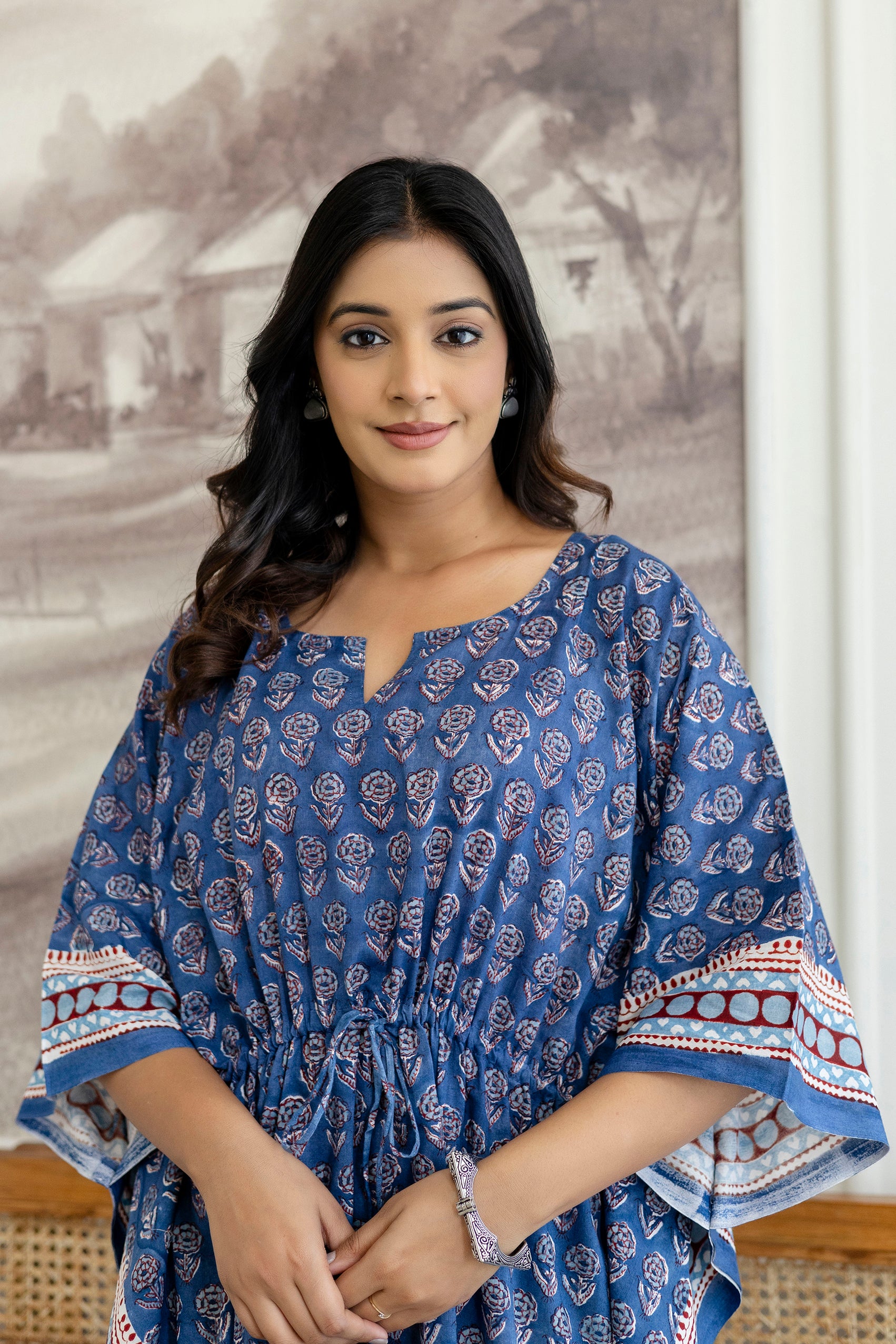 Indigo Floral Printed Cotton Kaftan Dress with Adjustable Drawstring