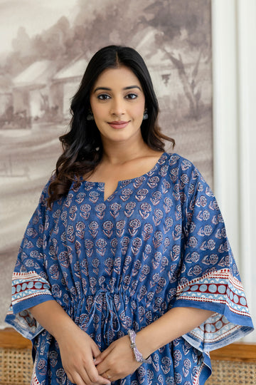 Indigo Floral Printed Cotton Kaftan Dress with Adjustable Drawstring