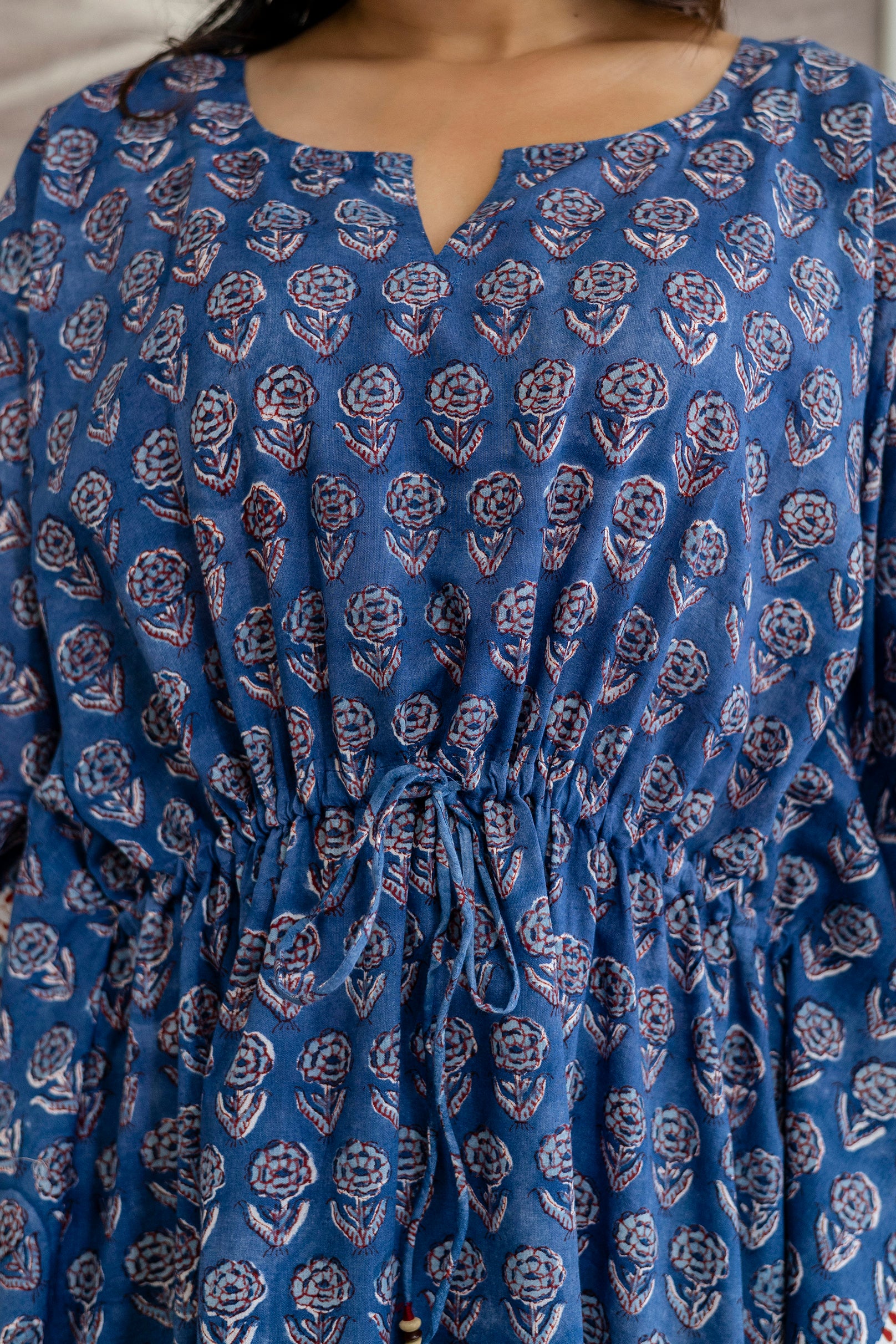 Indigo Floral Printed Cotton Kaftan Dress with Adjustable Drawstring