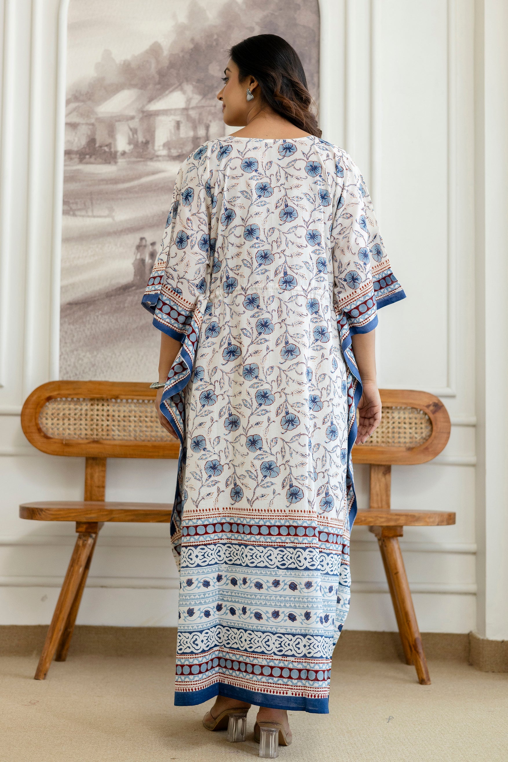Ivory Blue Floral Printed Cotton Kaftan Dress with Adjustable Drawstring