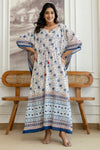 Ivory Blue Floral Printed Cotton Kaftan Dress with Adjustable Drawstring