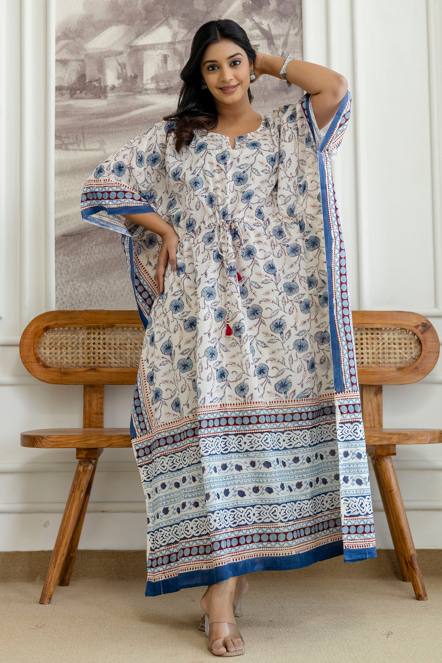 Ivory Blue Floral Printed Cotton Kaftan Dress with Adjustable Drawstring