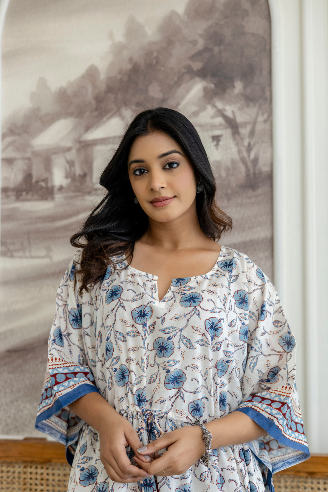 Ivory Blue Floral Printed Cotton Kaftan Dress with Adjustable Drawstring