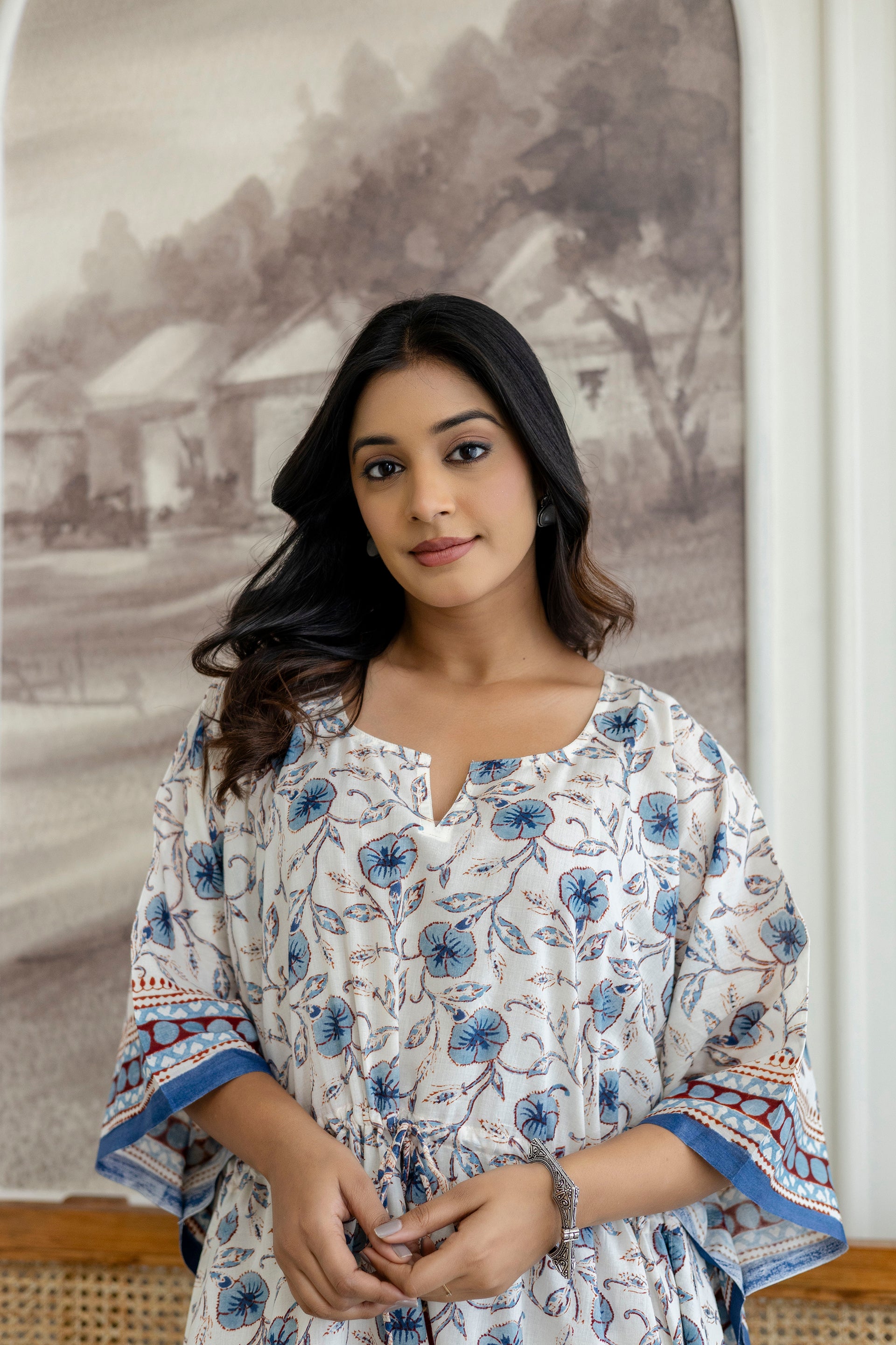 Ivory Blue Floral Printed Cotton Kaftan Dress with Adjustable Drawstring