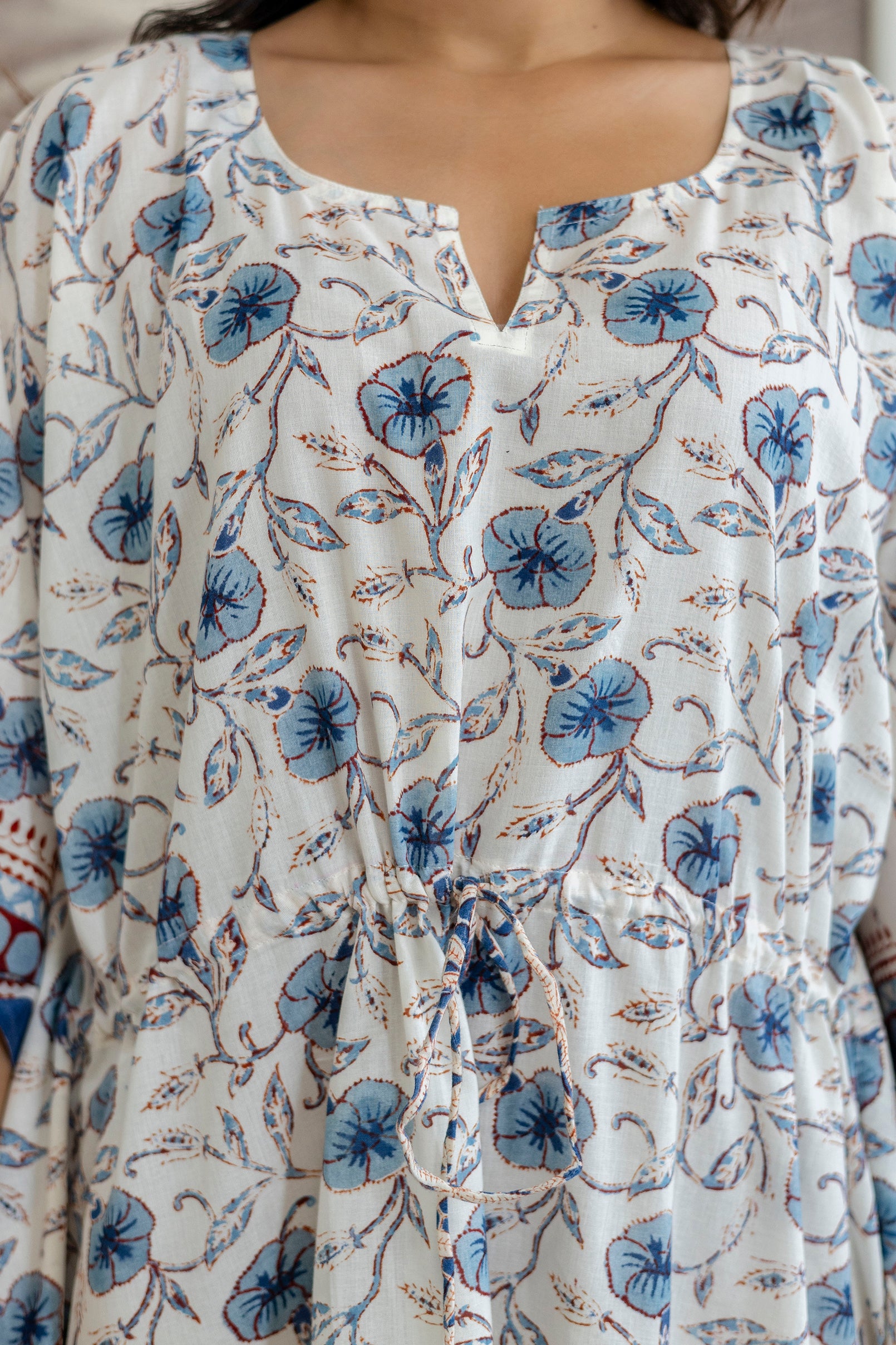 Ivory Blue Floral Printed Cotton Kaftan Dress with Adjustable Drawstring