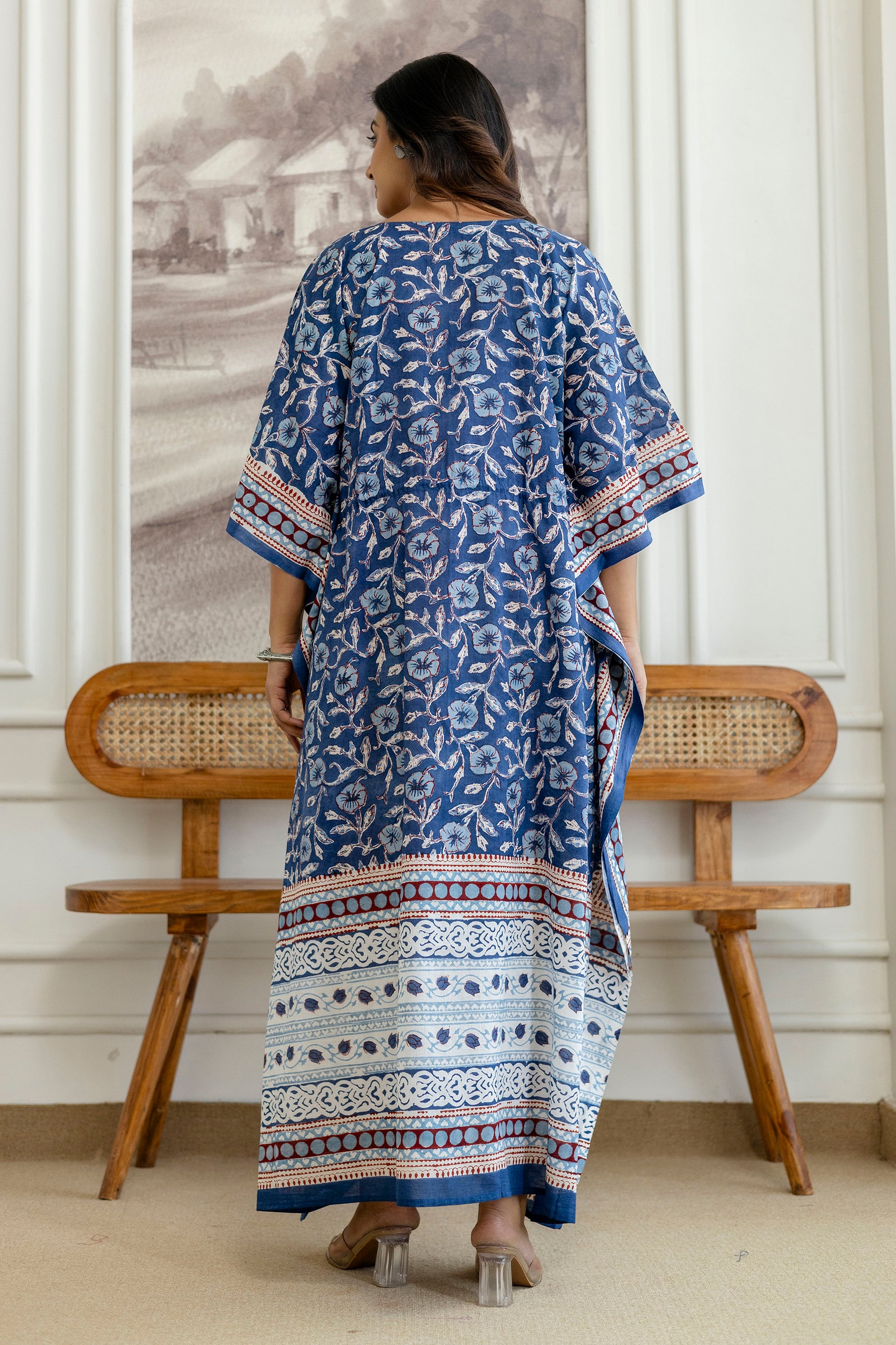 Indigo Floral Printed Cotton Kaftan Dress with Adjustable Drawstring