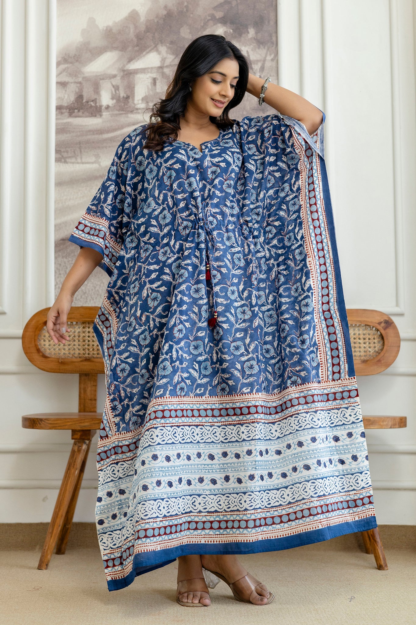 Indigo Floral Printed Cotton Kaftan Dress with Adjustable Drawstring