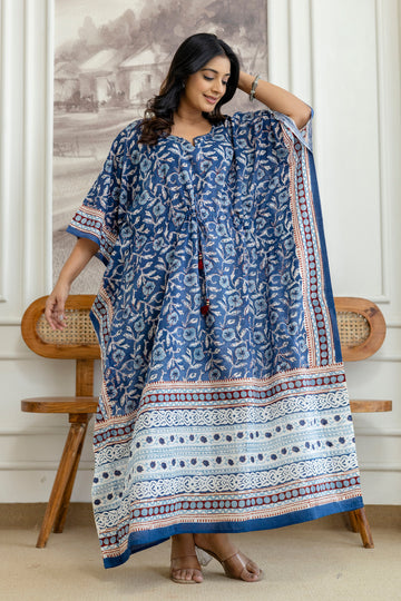Indigo Floral Printed Cotton Kaftan Dress with Adjustable Drawstring