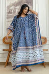 Indigo Floral Printed Cotton Kaftan Dress with Adjustable Drawstring