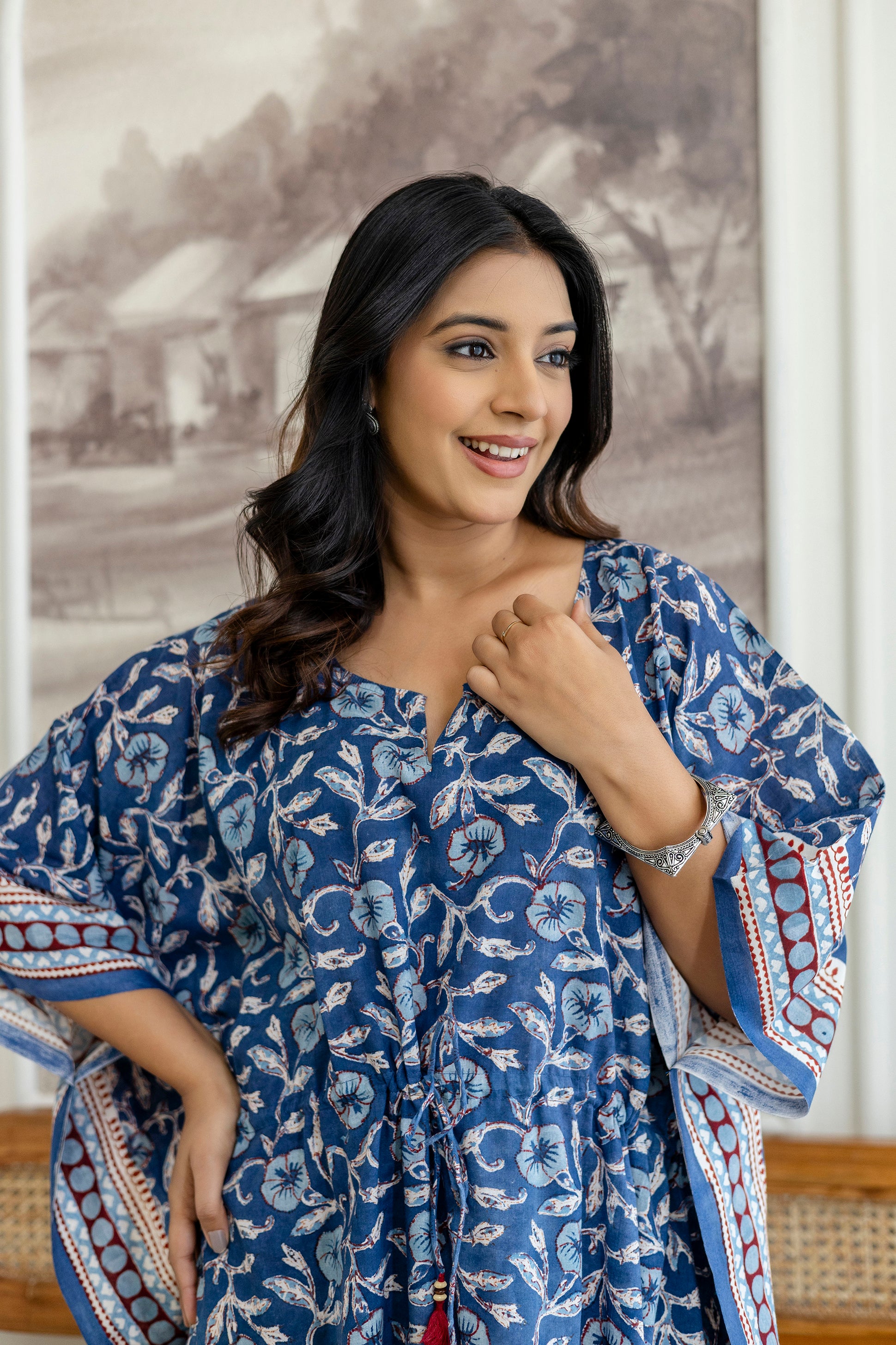 Indigo Floral Printed Cotton Kaftan Dress with Adjustable Drawstring