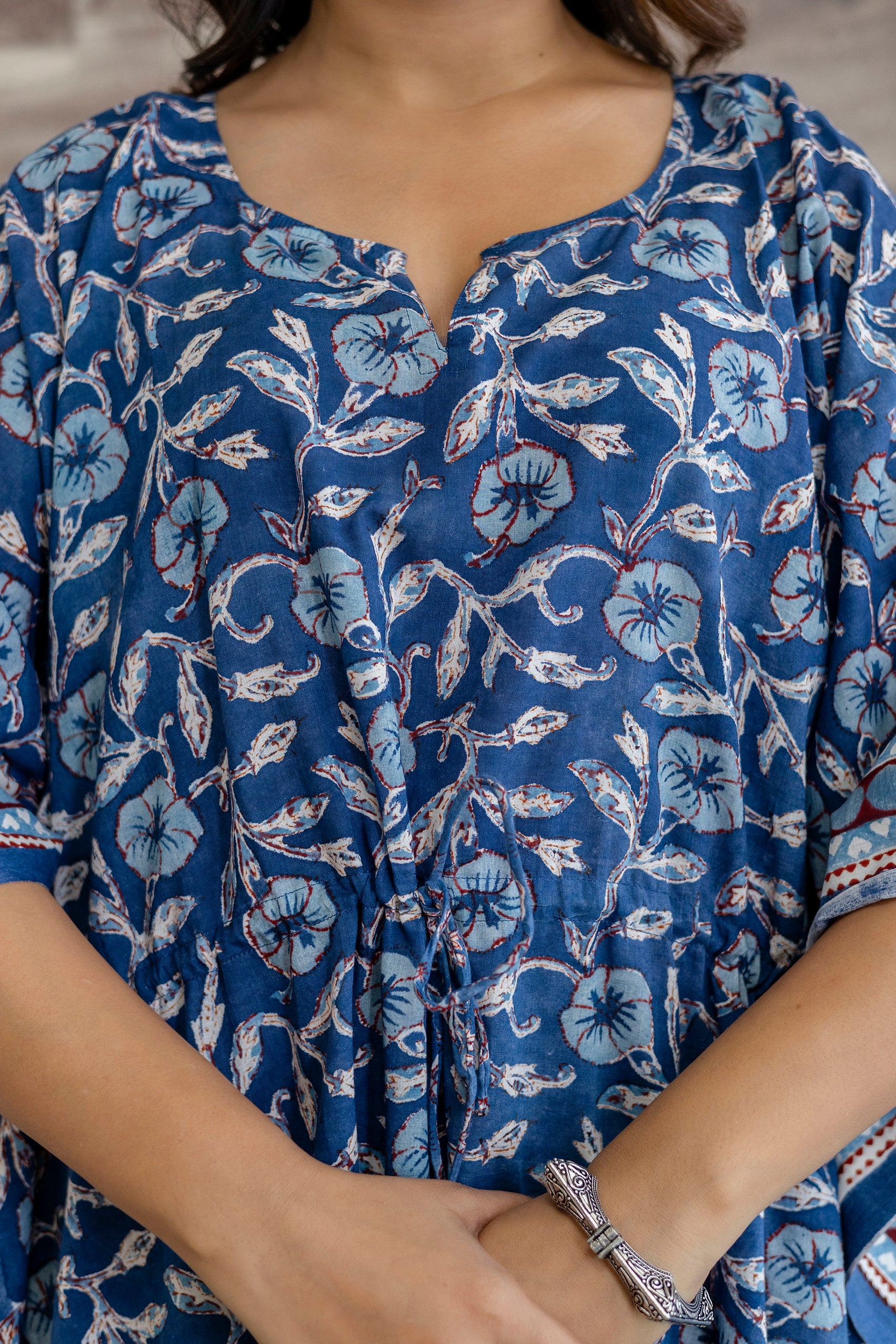 Indigo Floral Printed Cotton Kaftan Dress with Adjustable Drawstring