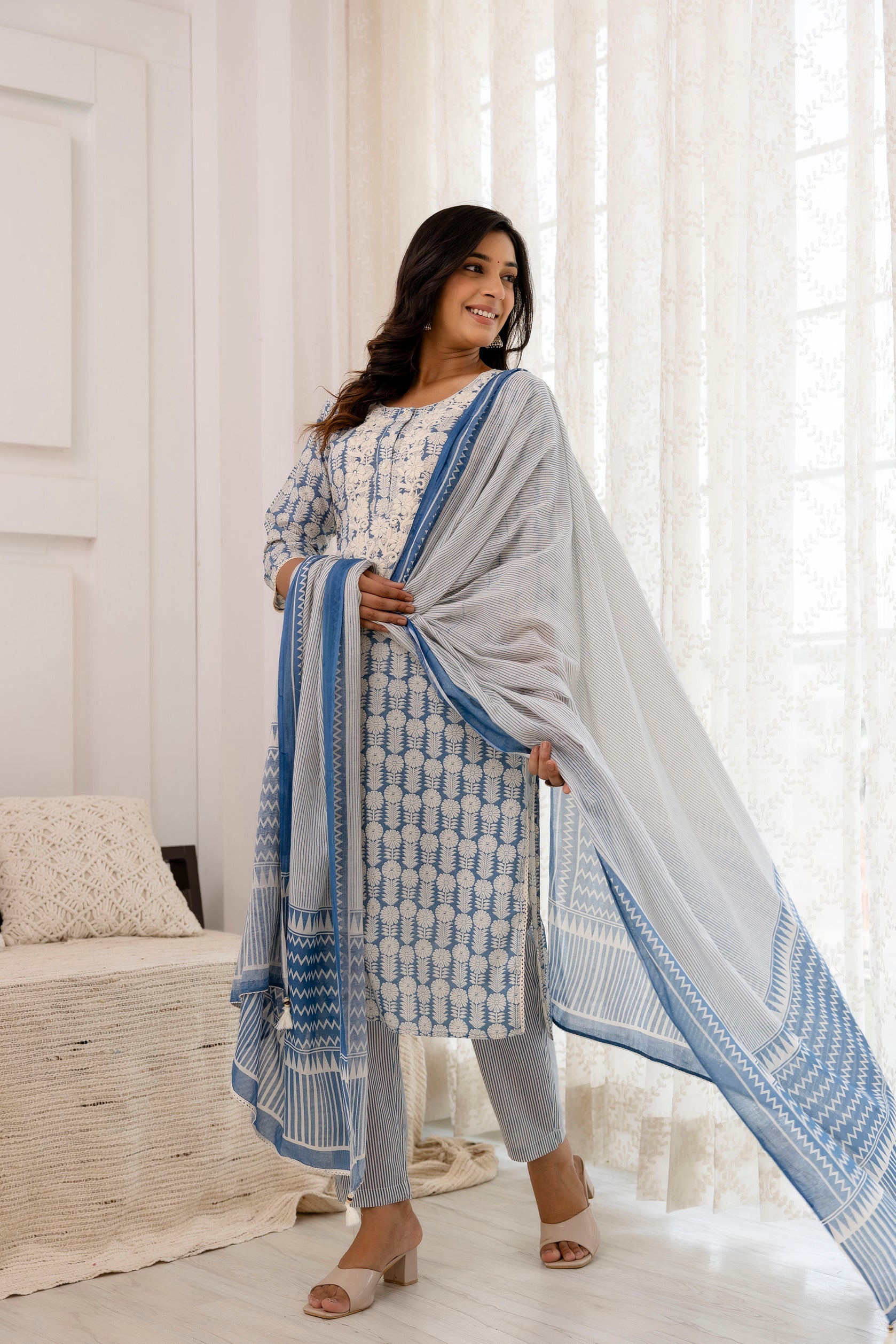 Embroidery Cotton Suit Set With mulmul dupatta