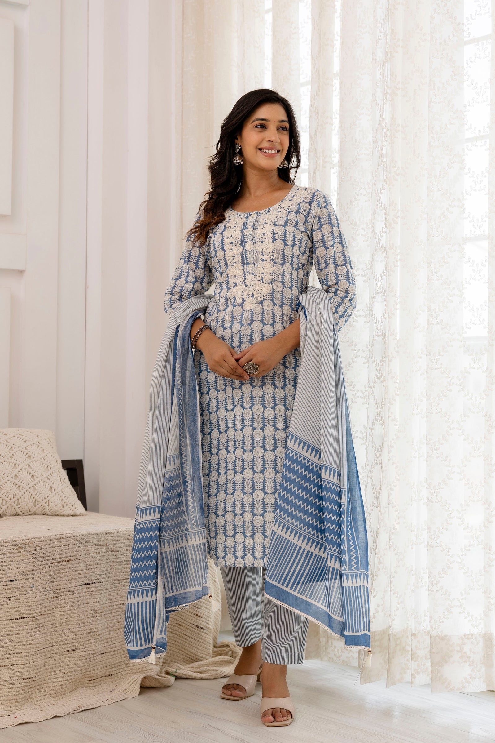 Embroidery Cotton Suit Set With mulmul dupatta