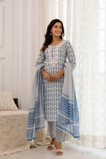Embroidery Cotton Suit Set With mulmul dupatta