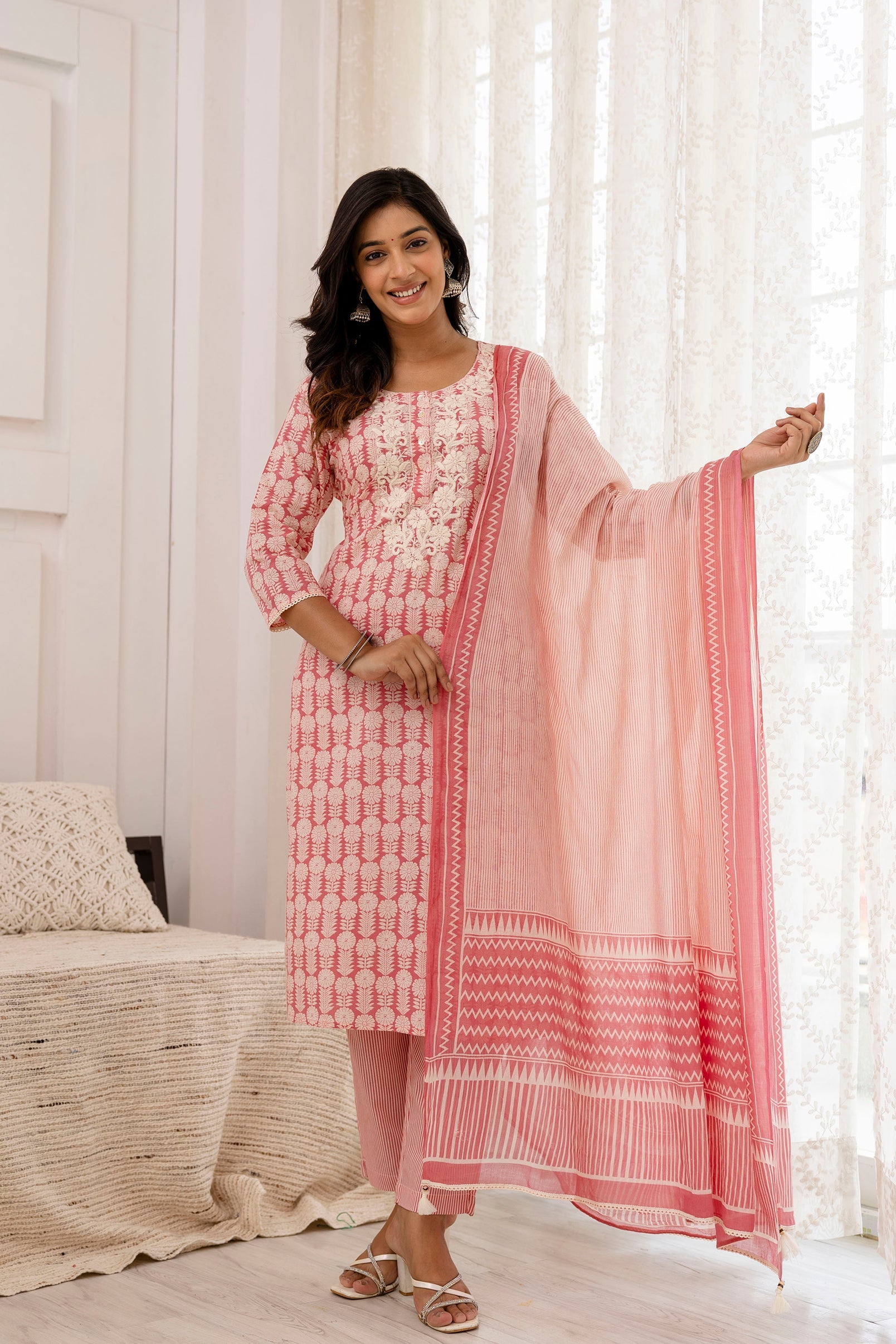 Embroidery Cotton Suit Set With mulmul dupatta