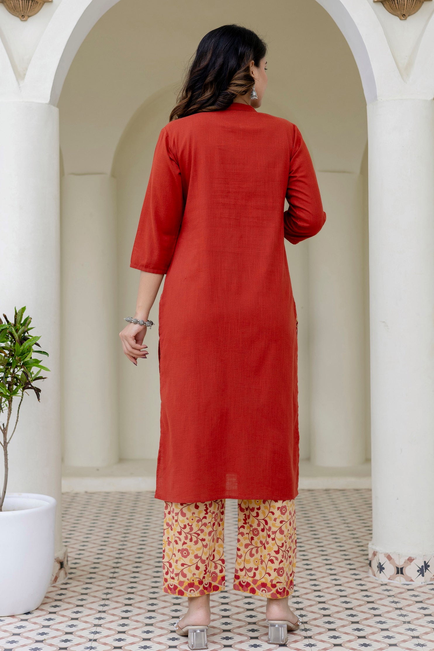 Cotton Slub Kurta Set in Red