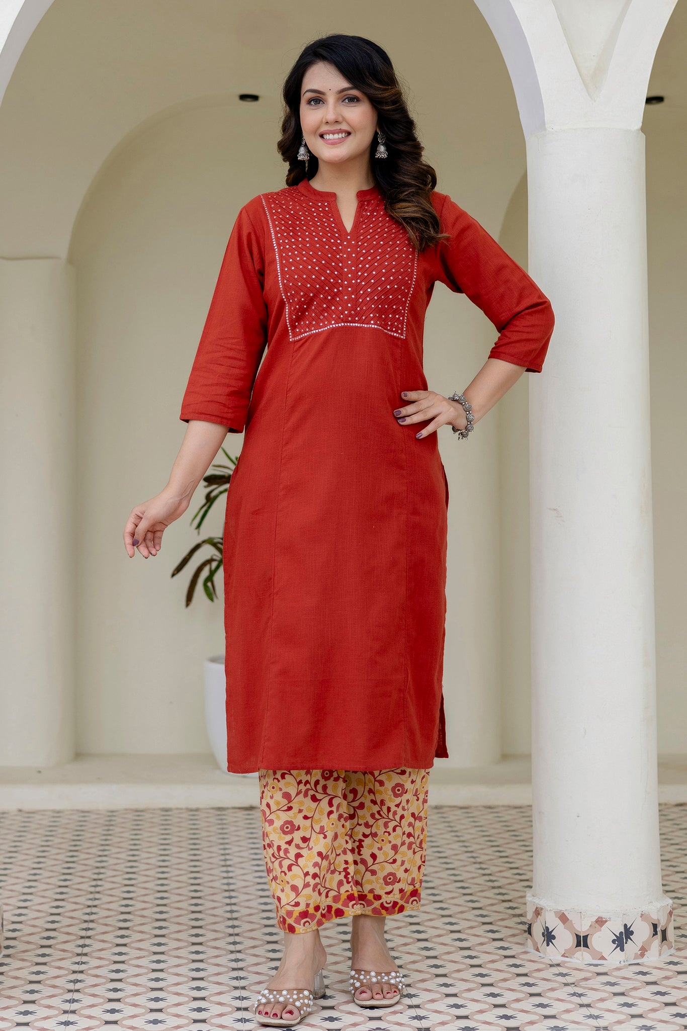 Cotton Slub Kurta Set in Red