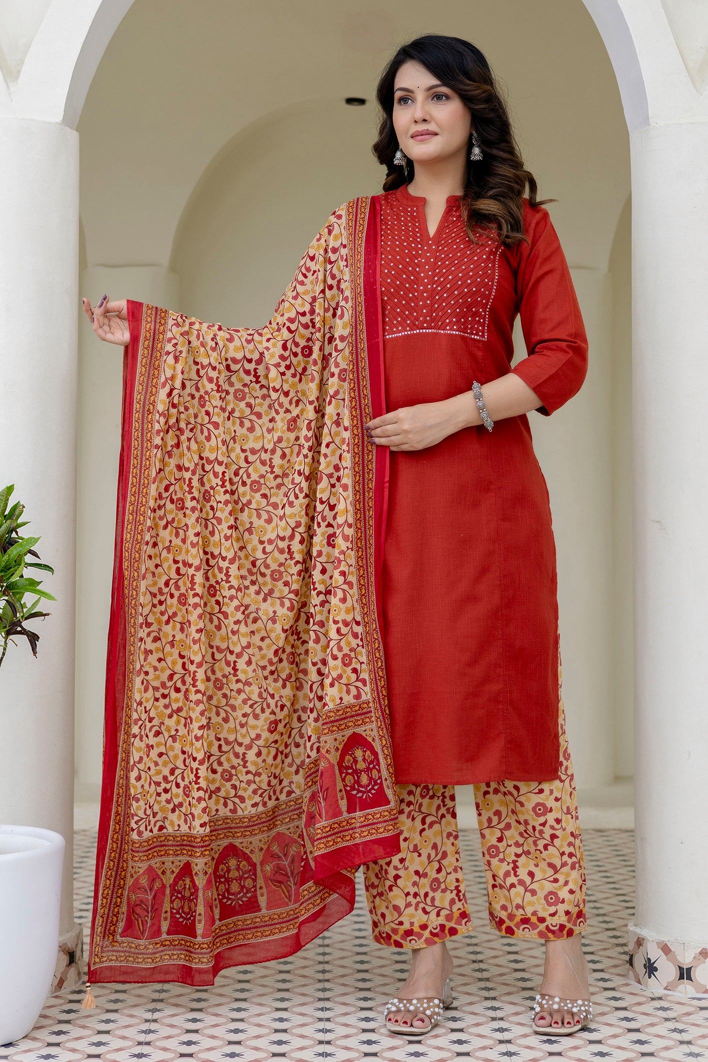 Cotton Slub Kurta Set in Red