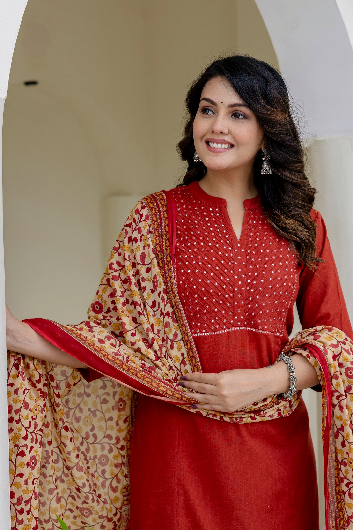 Cotton Slub Kurta Set in Red