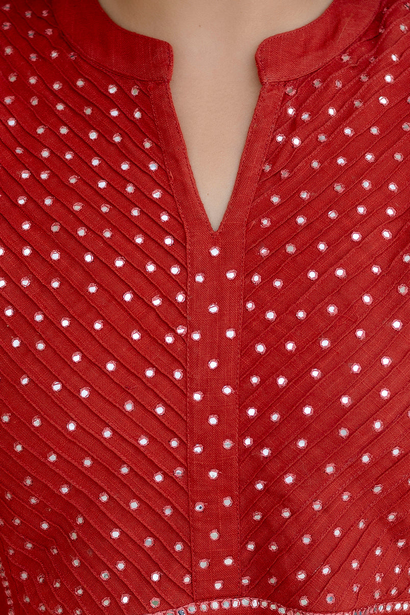 Cotton Slub Kurta Set in Red