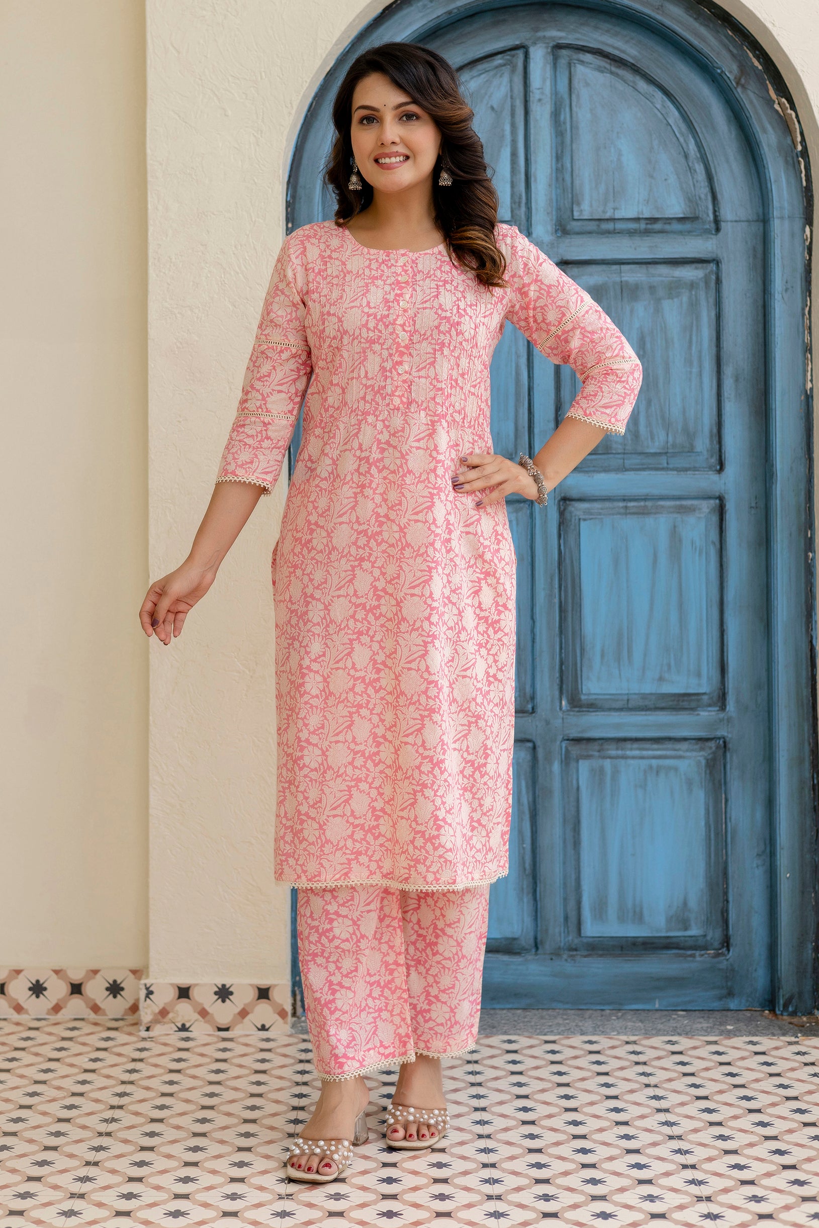 Cotton Cambric Kurta Set with Pintux Work