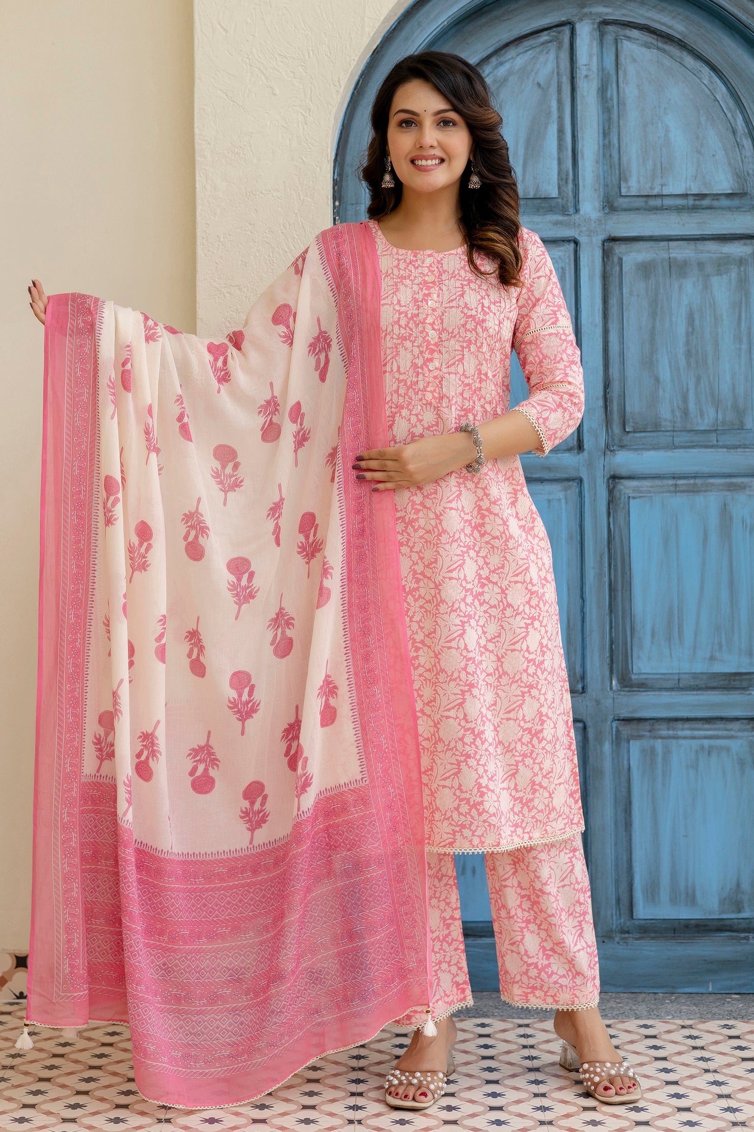 Cotton Cambric Kurta Set with Pintux Work