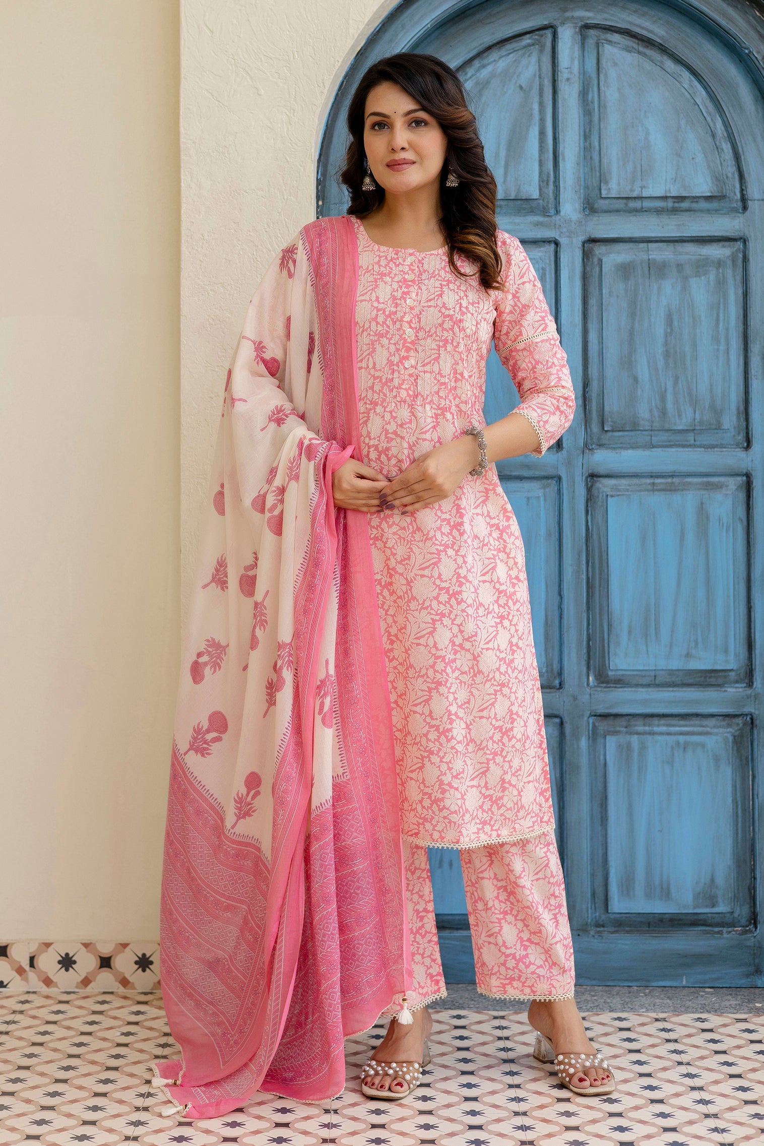 Cotton Cambric Kurta Set with Pintux Work