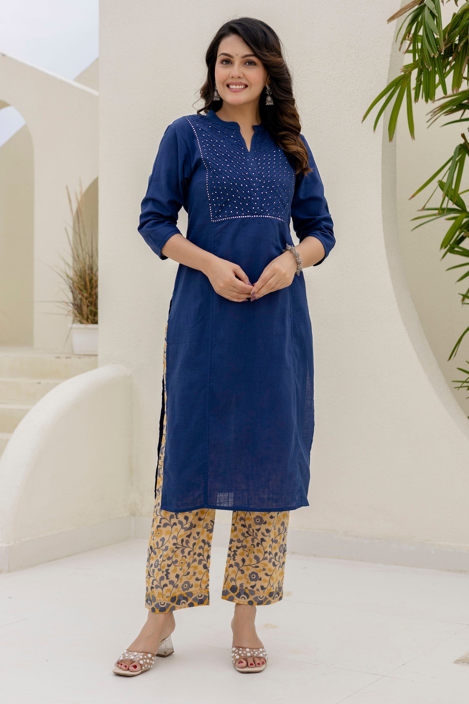 Cotton Slub Kurta Set in Blue