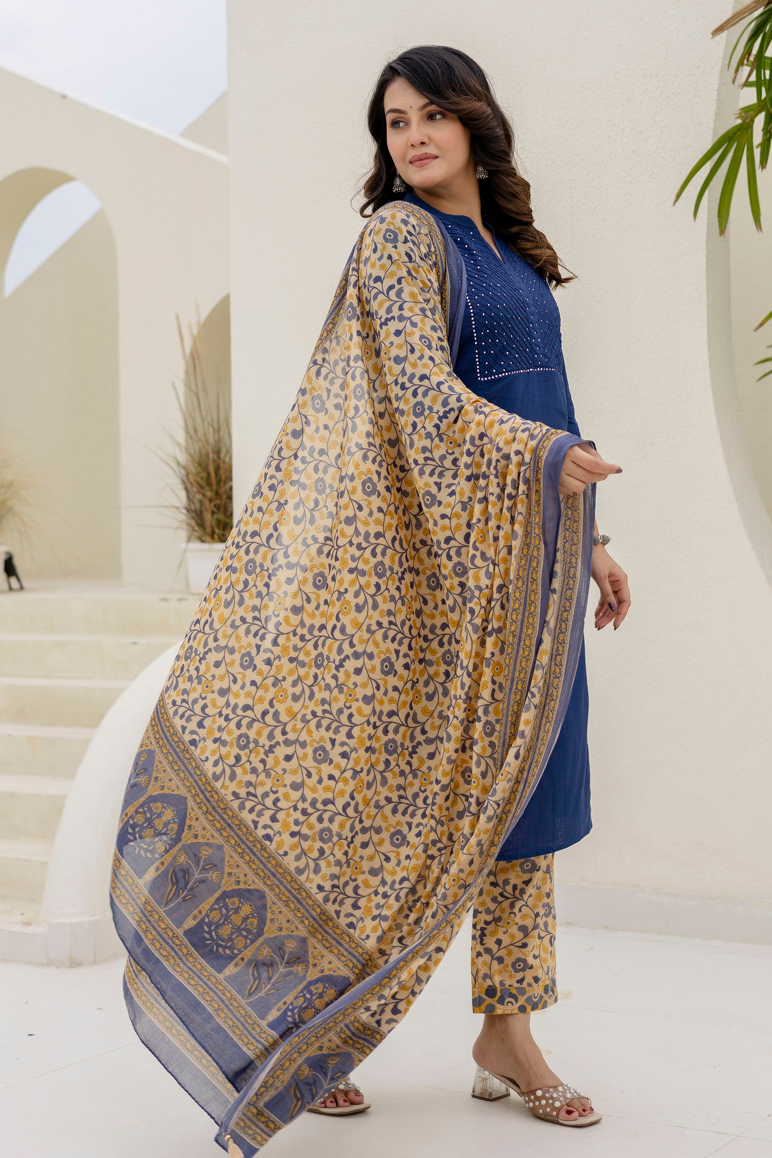 Cotton Slub Kurta Set in Blue