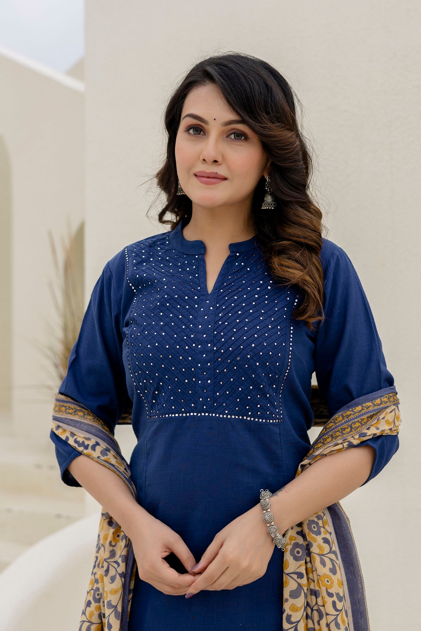 Cotton Slub Kurta Set in Blue