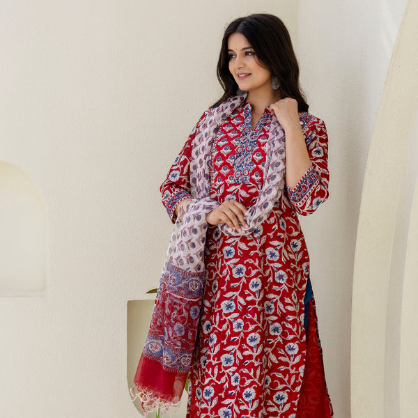 Block Printed Chanderi Silk Kurta Set