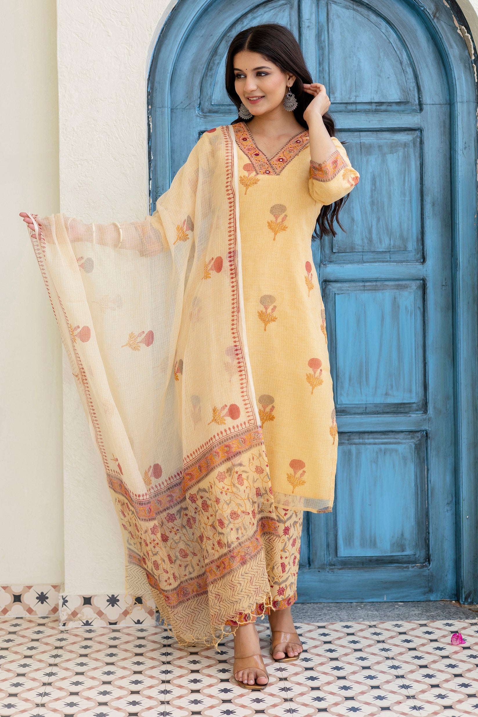 Block Printed Kota Doria Kurta Set