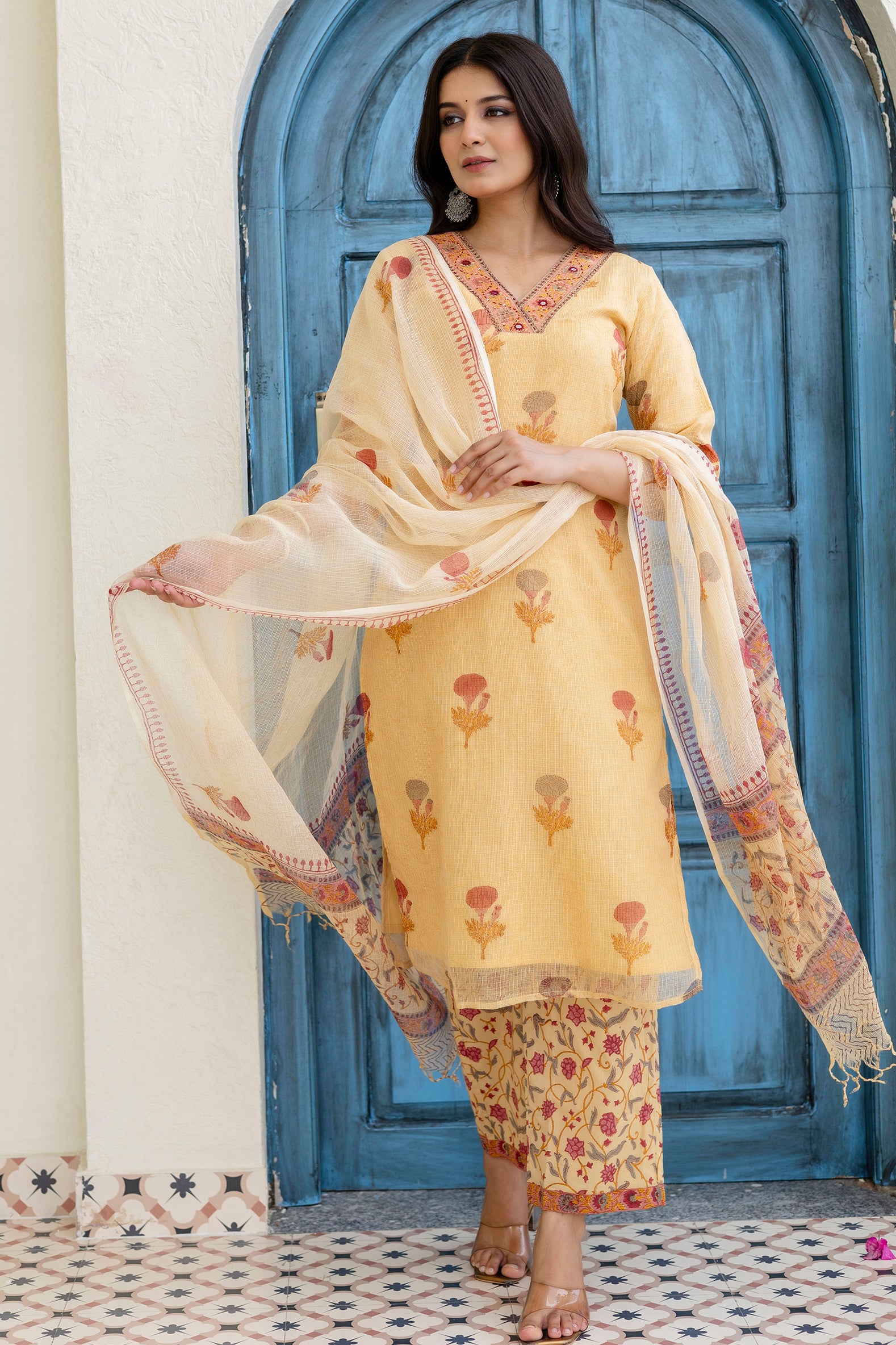 Block Printed Kota Doria Kurta Set